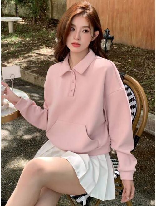 DAZY Polo Neck Drop Shoulder Kangaroo Pocket Sweatshirt