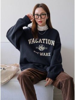 Letter Graphic Drop Shoulder Thermal Pullover Without Tee