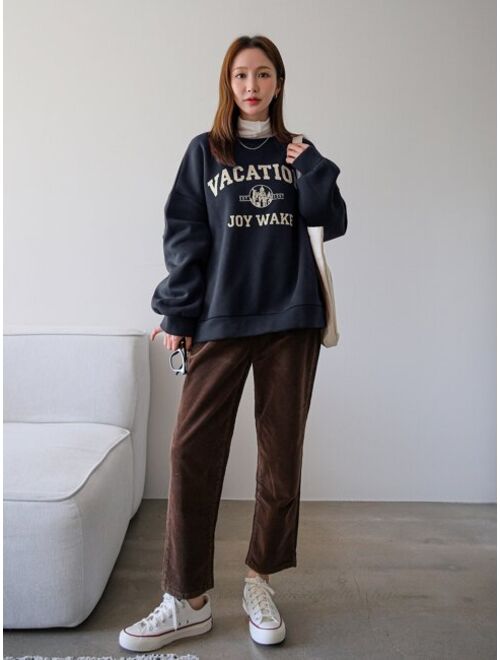 DAZY Letter Graphic Drop Shoulder Thermal Pullover Without Tee