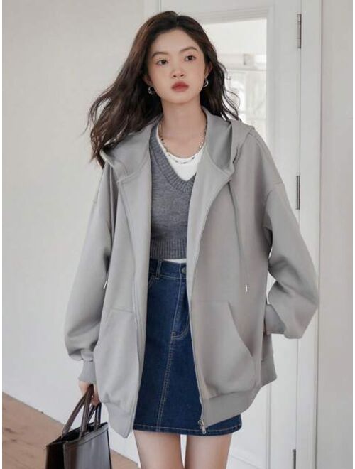 DAZY Drop Shoulder Zip Up Drawstring Hoodie