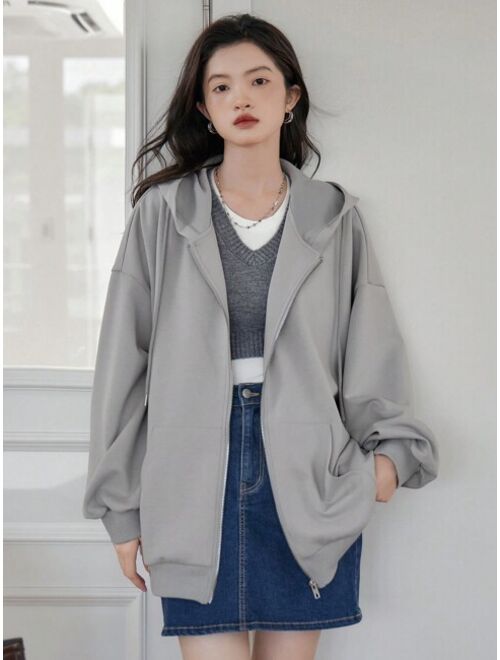 DAZY Drop Shoulder Zip Up Drawstring Hoodie