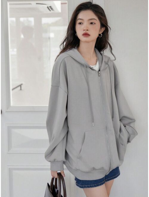 DAZY Drop Shoulder Zip Up Drawstring Hoodie