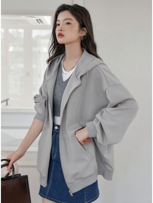 DAZY Drop Shoulder Zip Up Drawstring Hoodie