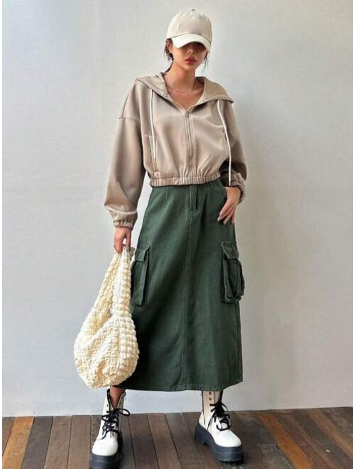 DAZY Zip Up Drop Shoulder Drawstring Hoodie