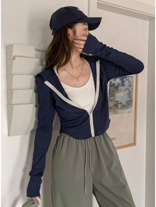 DAZY Solid Zip Through Hooded Crop Sweatshirt