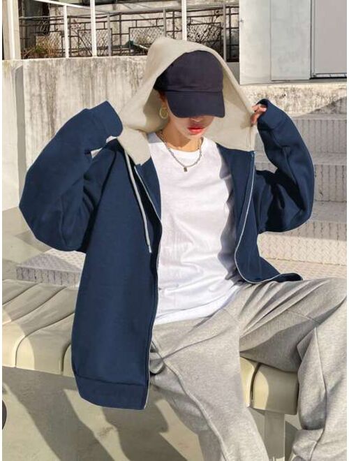 DAZY Drop Shoulder Drawstring Zipper Hooded Thermal Lined Sweatshirt