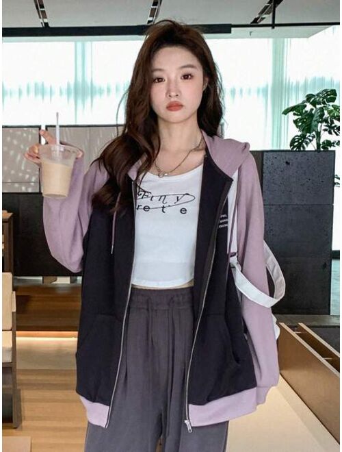 DAZY Contrast Sleeve Zip Up Drawstring Hooded 2 In 1 Sweatshirt