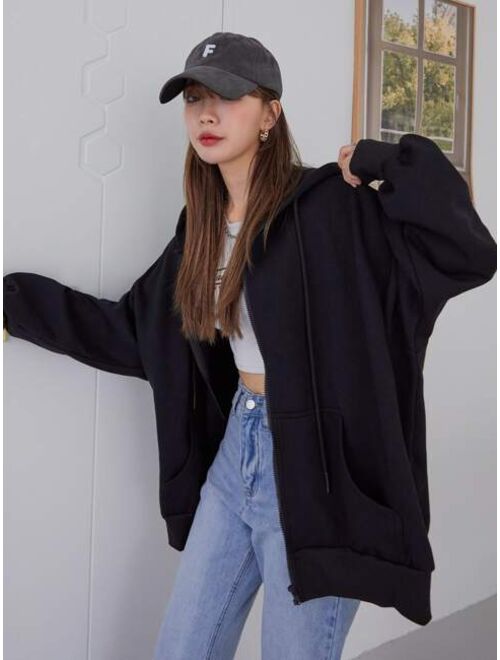 DAZY Drop Shoulder Drawstring Zipper Oversized Hoodie