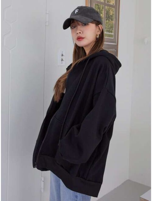 DAZY Drop Shoulder Drawstring Zipper Oversized Hoodie