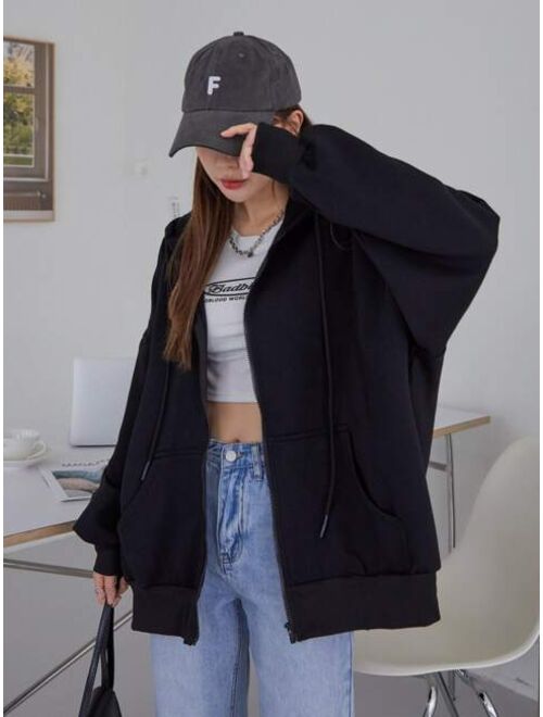 DAZY Drop Shoulder Drawstring Zipper Oversized Hoodie