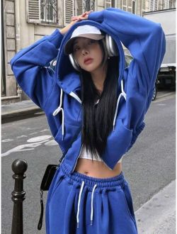 Solid Drop Shoulder Drawstring Hoodie