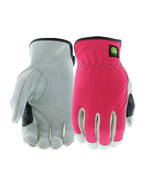 John Deere JD00016-WML Split Cowhide Leather Gloves - [1 Pair] Womens Work Gloves, Pink Black