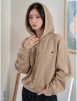 Less Letter Embroidery Drop Shoulder Drawstring Hoodie