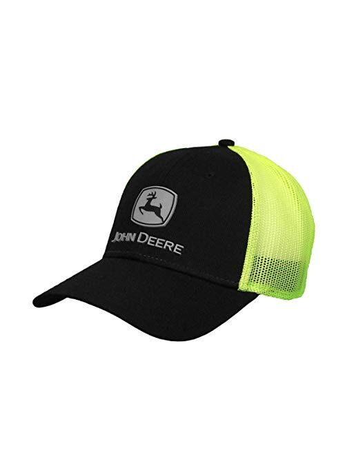 John Deere Tractors Men's Silver Embroidered Logo Mesh Back Cap, Black and Hi Vis Yellow