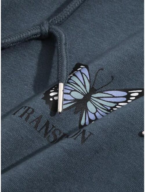 DAZY Butterfly Print Drop Shoulder Drawstring Hoodie