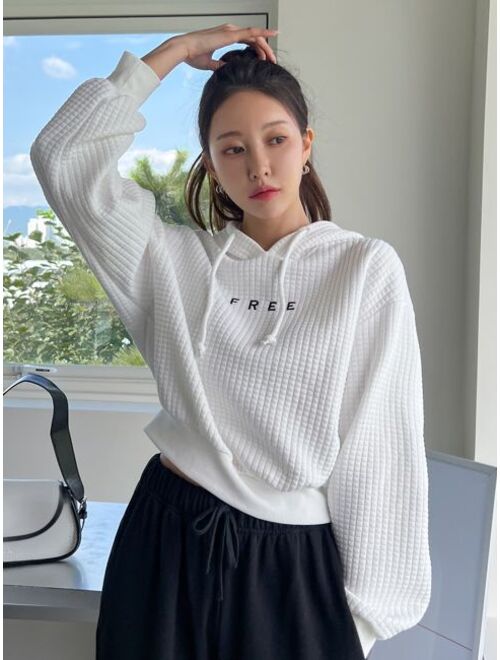 DAZY Letter Embroidery Drop Shoulder Drawstring Hoodie