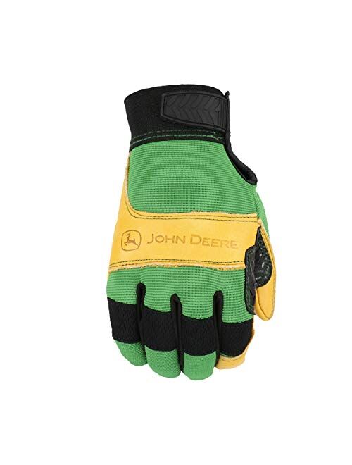 John Deere JD00009 Leather Gloves, Grain Cowhide Leather Palm, Spandex Back, Hook and Loop Wrist