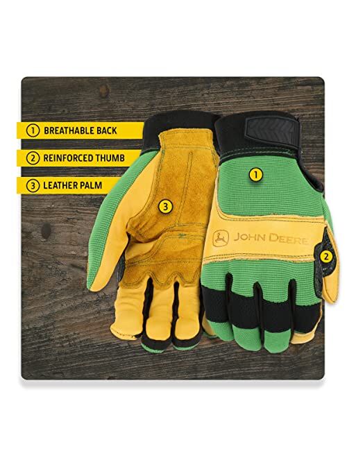 John Deere JD00009 Leather Gloves, Grain Cowhide Leather Palm, Spandex Back, Hook and Loop Wrist