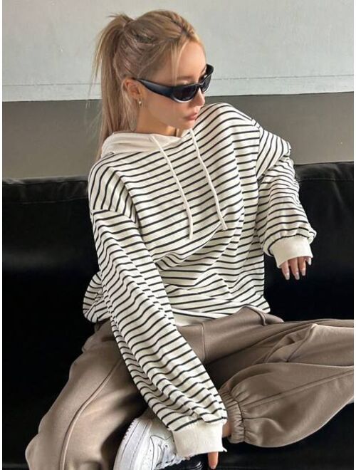 DAZY Striped Print Drop Shoulder Drawstring Hoodie