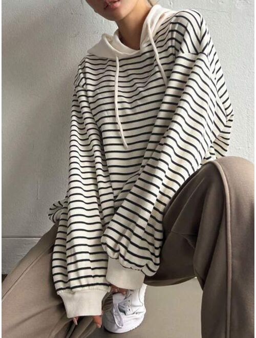DAZY Striped Print Drop Shoulder Drawstring Hoodie