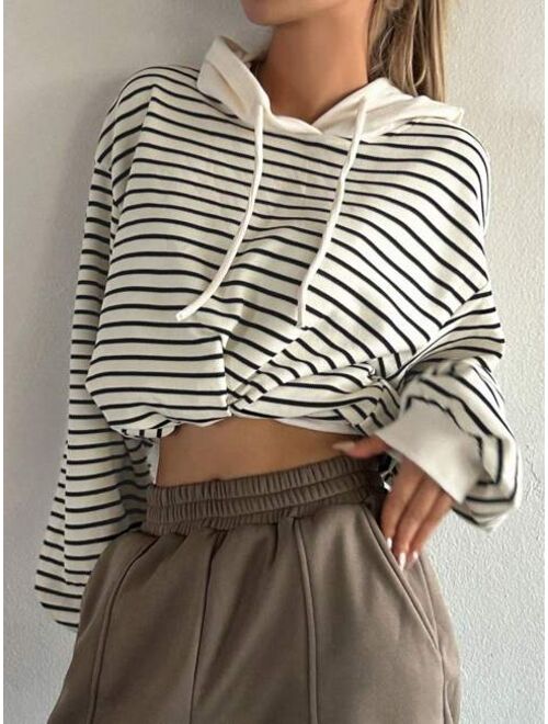 DAZY Striped Print Drop Shoulder Drawstring Hoodie