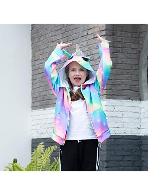 Nidoul Kid Girls Zip Up Hoodie Jacket Unicorn Rainbow Sweatshirt with Pockets