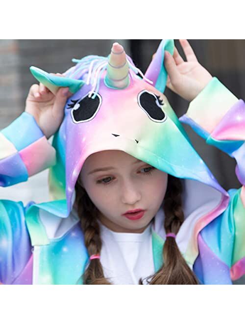Nidoul Kid Girls Zip Up Hoodie Jacket Unicorn Rainbow Sweatshirt with Pockets