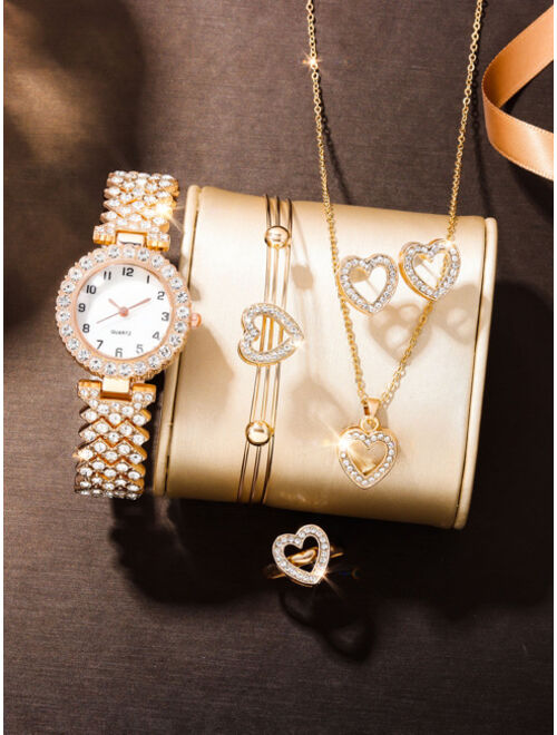 Shein Diamond Decor Casual Girls' Quartz Watch And Jewelry Set, 6pcs/set