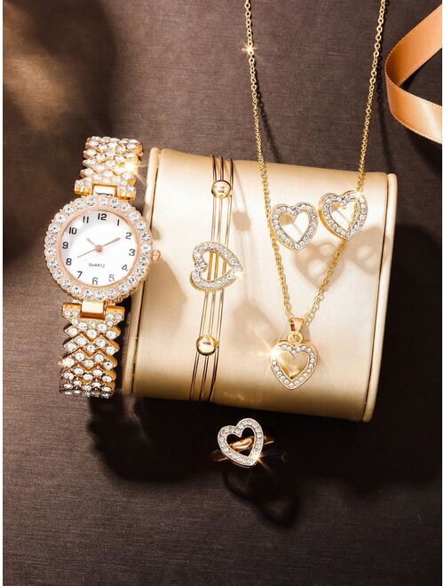 Shein Diamond Decor Casual Girls' Quartz Watch And Jewelry Set, 6pcs/set