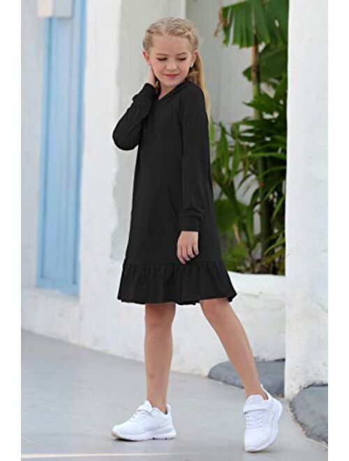 GORLYA Girls Raglan Long Sleeve Ruffle Hem Casual Sweatshirt Hooded Shift Dress for 4-14T Kids