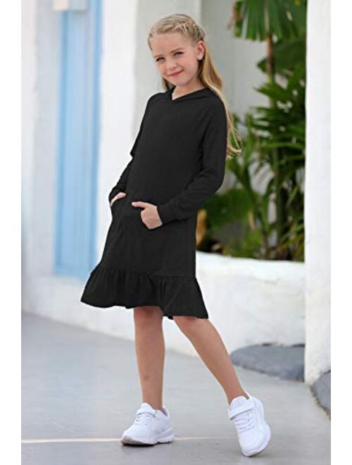 GORLYA Girls Raglan Long Sleeve Ruffle Hem Casual Sweatshirt Hooded Shift Dress for 4-14T Kids