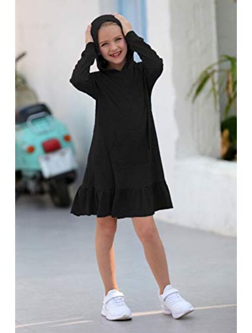 GORLYA Girls Raglan Long Sleeve Ruffle Hem Casual Sweatshirt Hooded Shift Dress for 4-14T Kids
