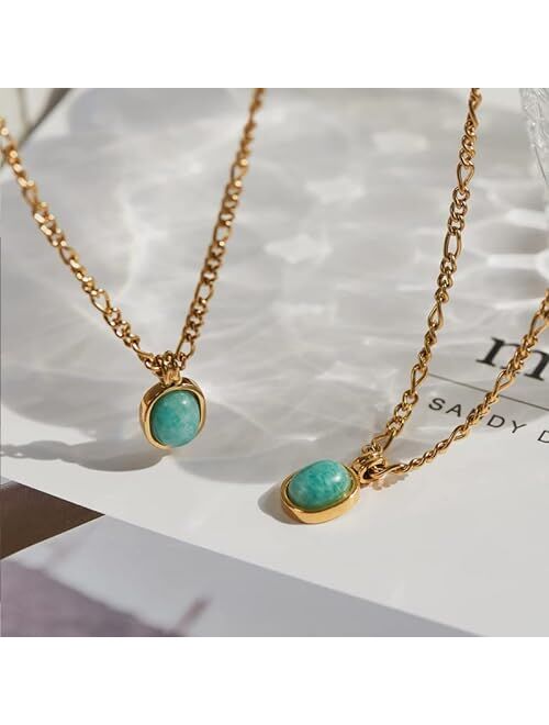 UniLogue Mint Green Oval Natural Stone Holiday Style Roman Amazonite 18K Gold Plated Titanium Steel Necklace Choker Chain