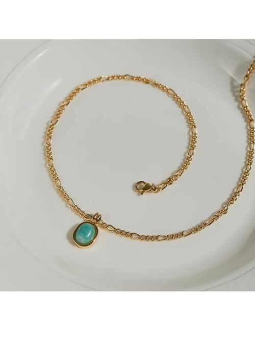 UniLogue Mint Green Oval Natural Stone Holiday Style Roman Amazonite 18K Gold Plated Titanium Steel Necklace Choker Chain