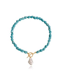 Generic Hwgen&DoweLy H.D.L Natural Turquoise Necklace for Women Girls, Natural Baroque Pearl Pendant, Fashion OT Buckle, Retro Ethnic Style Green Choker
