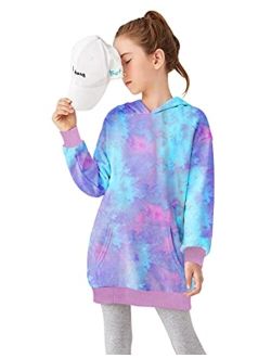 Greatchy Girls Hoodies Dress Tie Dye Printed Casual Long Sleeve Pocket Sweatshirt Jumper Pullover Hooded