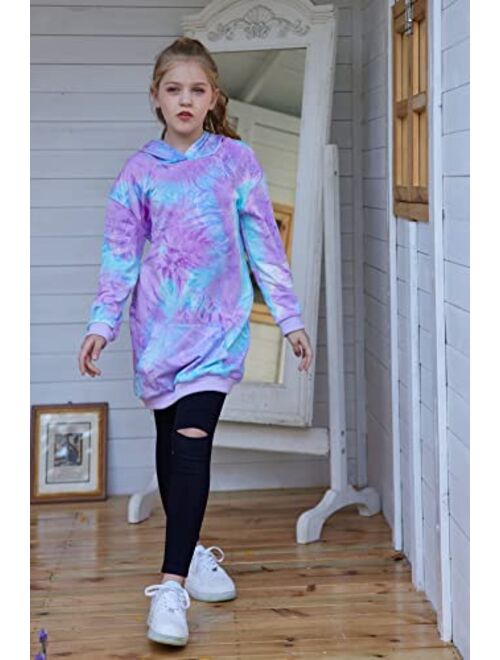 Greatchy Girls Hoodies Dress Tie Dye Printed Casual Long Sleeve Pocket Sweatshirt Jumper Pullover Hooded