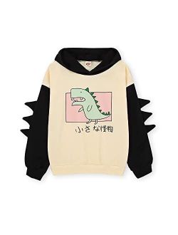 IZYJOY Little Girls Cute Dinosaur Pullover Hoodie Sweatshirt Splice Hooded Kids Fall Winter Cartoon Casual Long Sleeve Tops