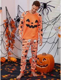 Shein Men Family Matching Halloween Print Raglan Sleeve Tee & Pants PJ Set