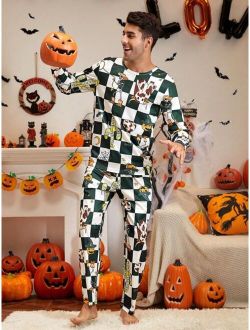 Men Checker & Halloween Print PJ Set