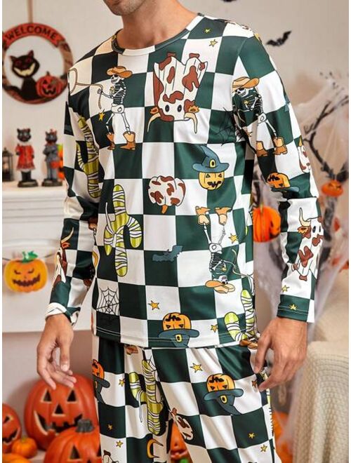 Shein Men Checker & Halloween Print PJ Set