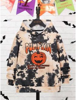 SHEIN Kids HYPEME Tween Boys' Casual Halloween Theme Printed Hooded Sweater With Pin Synthetic