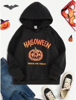 SHEIN Kids EVRYDAY Tween Boy 1pc Halloween Slogan & Pumpkin Print Hoodie