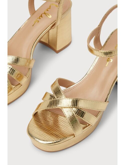 Lulus Irsia Gold Metallic Snake-Embossed Platform Ankle Strap Sandals