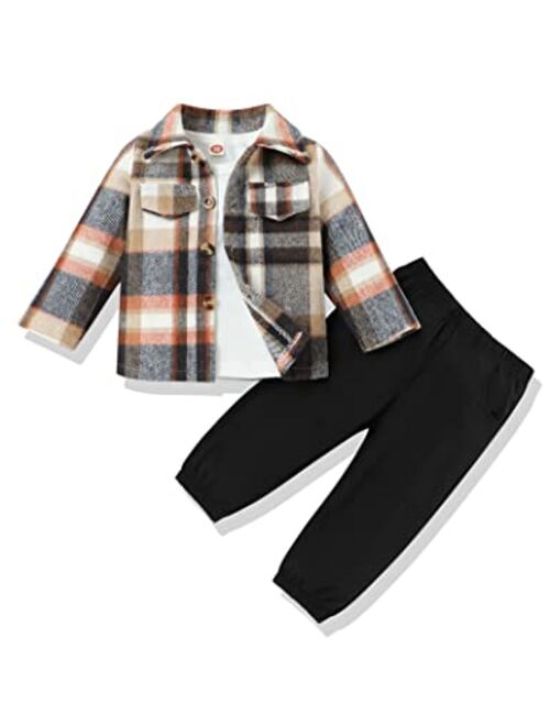 bilison 3Pcs Toddler Baby Boy Outfits Plaid Flannel Shirt+T Shirts+Pants 6M-5T