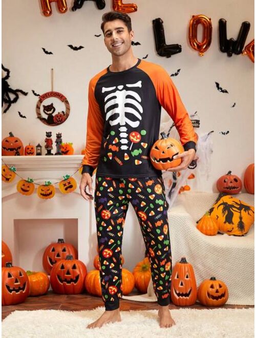 Men Halloween Print Raglan Sleeve PJ Set
