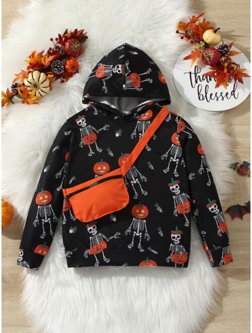 SHEIN Kids EVRYDAY Tween Boy Halloween Print Hooded Sweatshirt & Bag