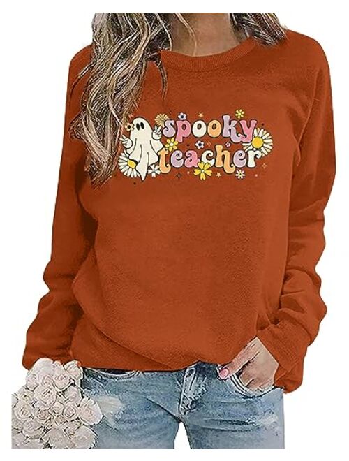 MAXIMGR Halloween Sweatshirt Women Spooky Teacher Sweatshirts Teacher Halloween Shirts Cute Graphic Long Sleeve Pullover Top