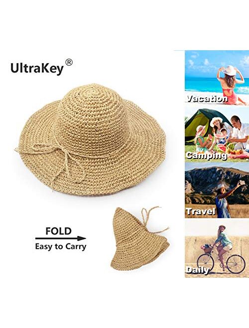 Ultrakey Straw Hat, Handmade Beach Wide Brim Cap Foldable Outdoor Sun Hat Beach Headwear for Adult Children Man Women