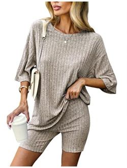 Pajamas 2 Piece Lounge Sets Ribbed Knit Matching Outfits T-shirt Biker Shorts Sleepwear Loungewear Sweatsuits